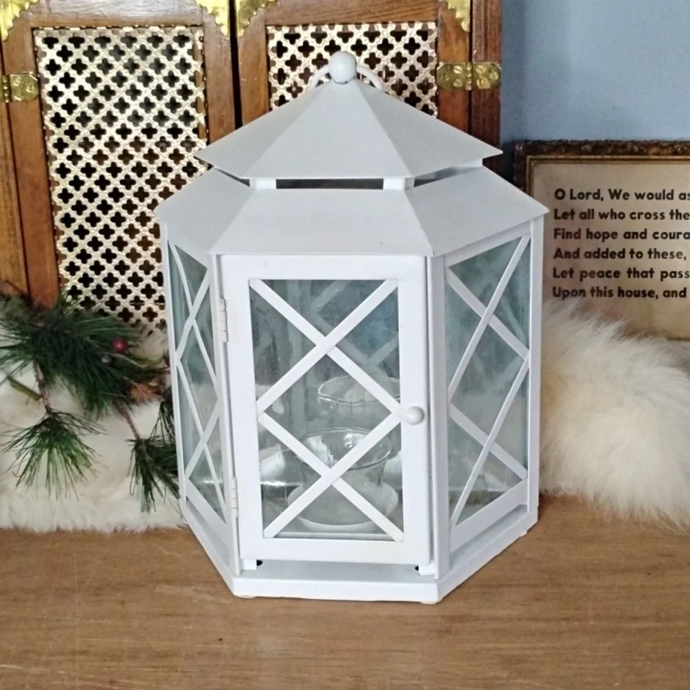 . White Metal Lantern - Tea Light Candle Holder Lantern with Wall Mount